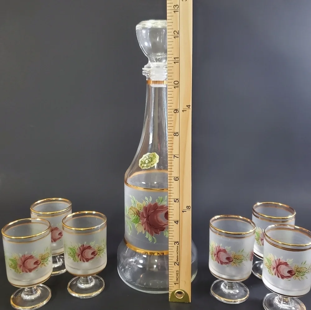 Cristallerie Hand-Painted Decanter & Glass Set MCM 1960s Made in Italy Vintage